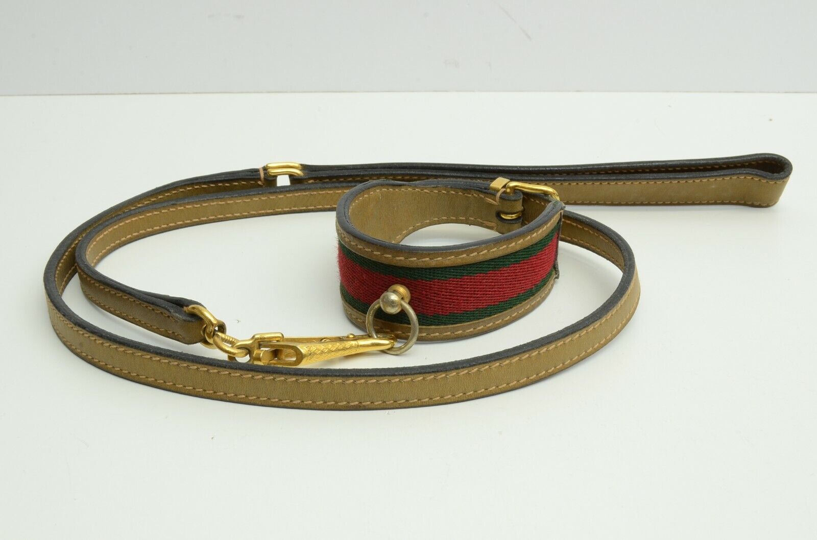 Authentic Gucci Web Stripe Dog Leash and Collar Leather Nylon Vintage Classic