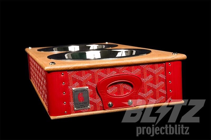 MAISON GOYARD RED EDMOND DOUBLE PET BOWL RED TAN CAT DOG TRUNK EXTREMELY RARE