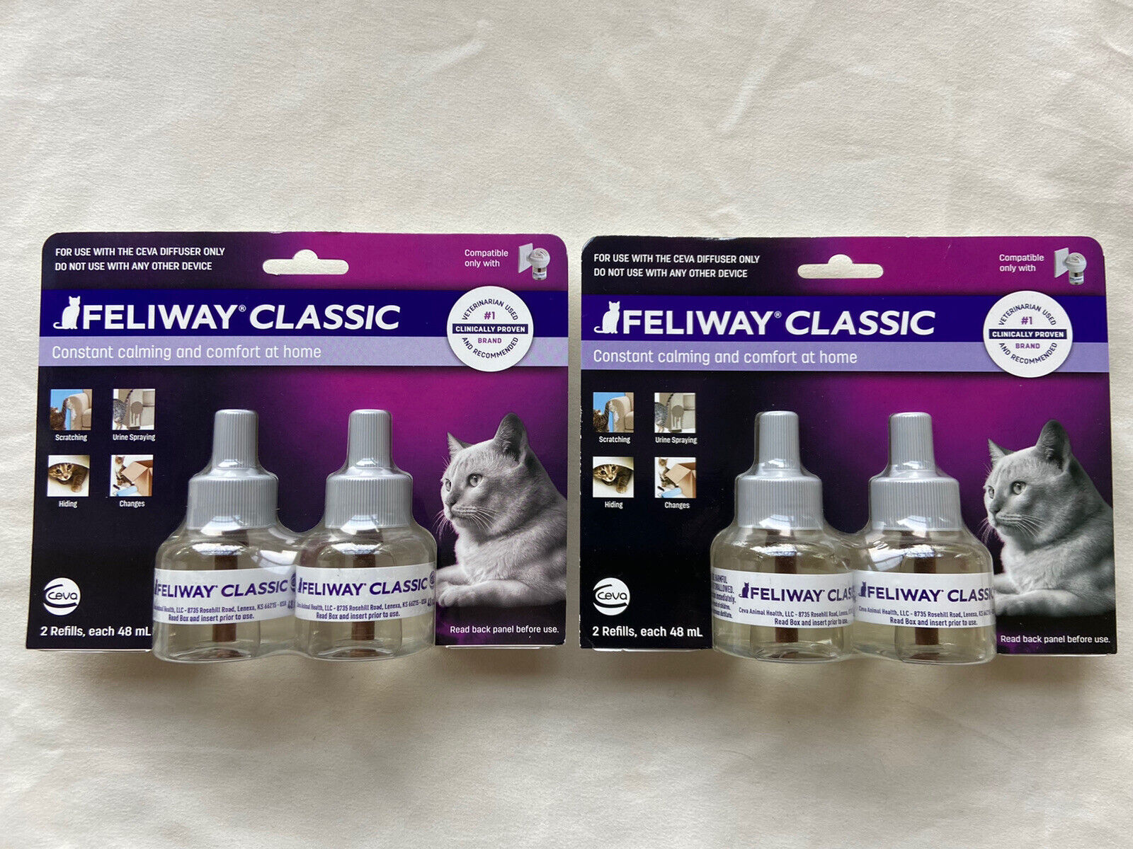 NEW 2 Feliway Classic 2 pack cat calming and comfort Ceva diffuser refills 48ml