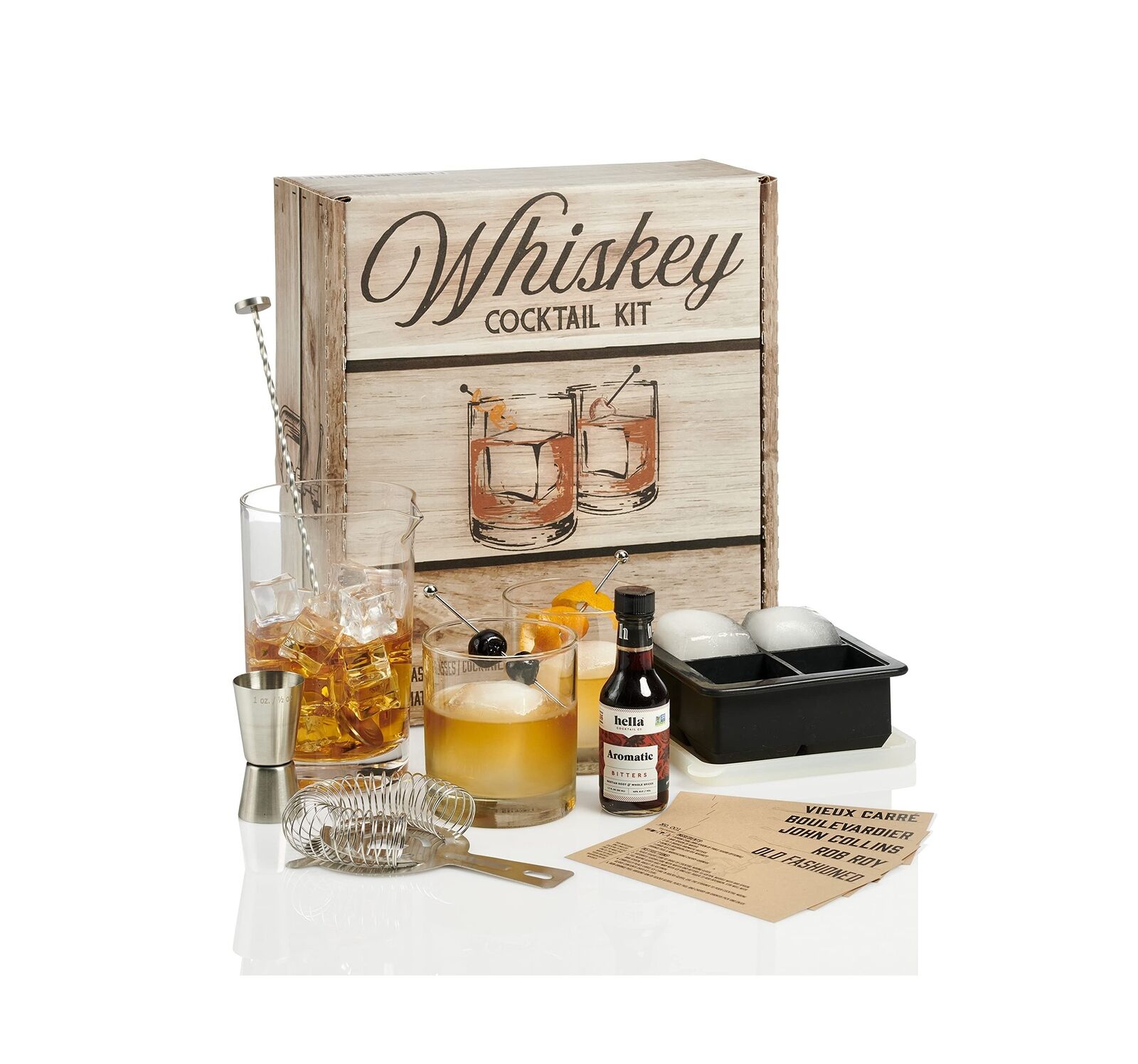 Whiskey Cocktail Kit: Rocks Drinking Glass Set, 750ml Crystal Mixing Glass, I...