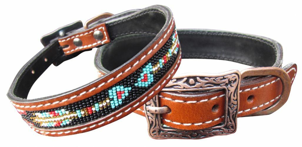 Showman Couture Genuine leather dog collar with a beaded Arrow inlay.