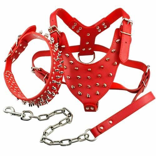 Dog Harness Collar Leash 3Pcs Set Spiked Studded Leather For Medium Large Pets 
