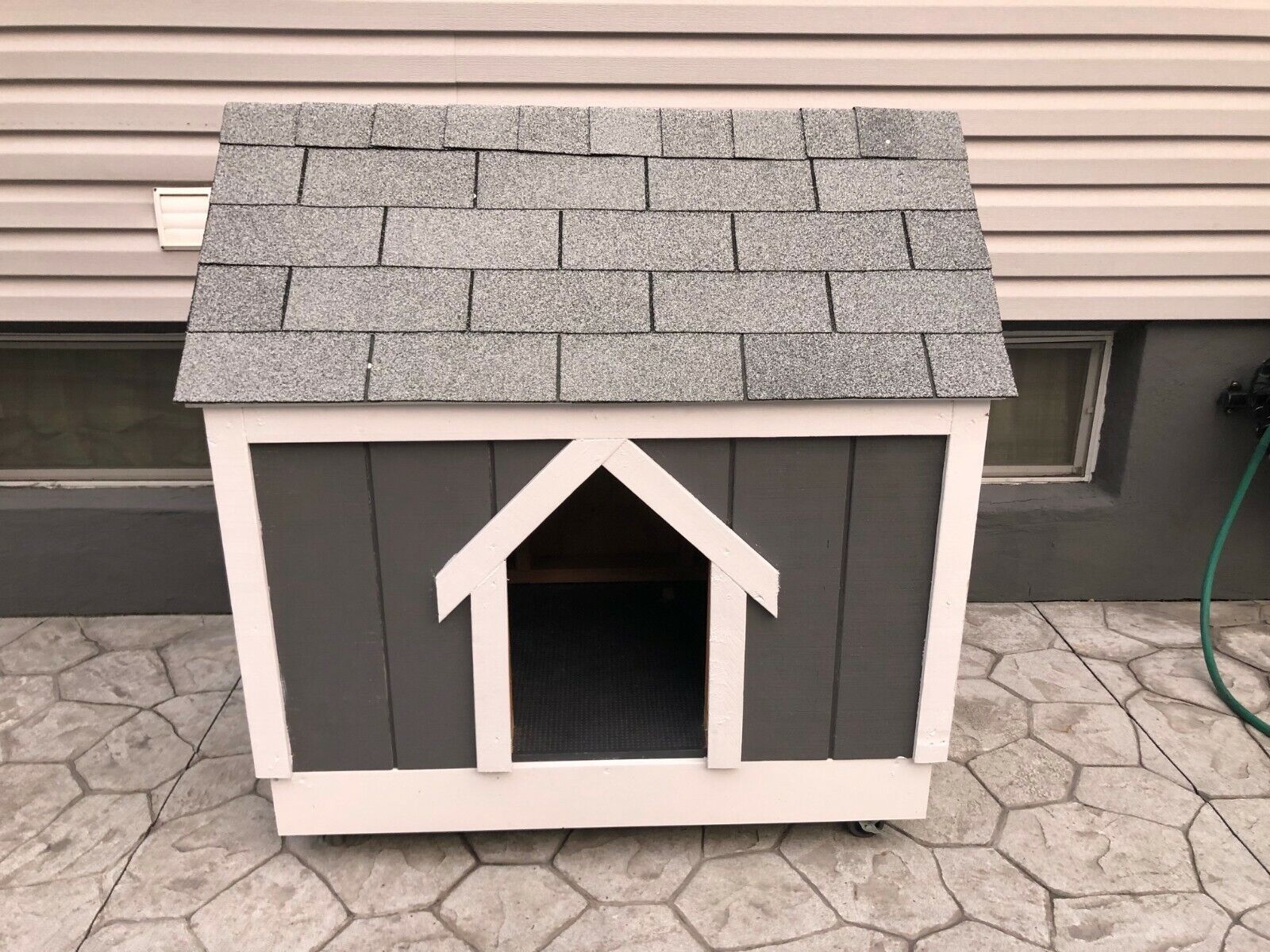 Custom Built Large Dog House -Animal Shelter Rot Proof Base -Gray with White Tri