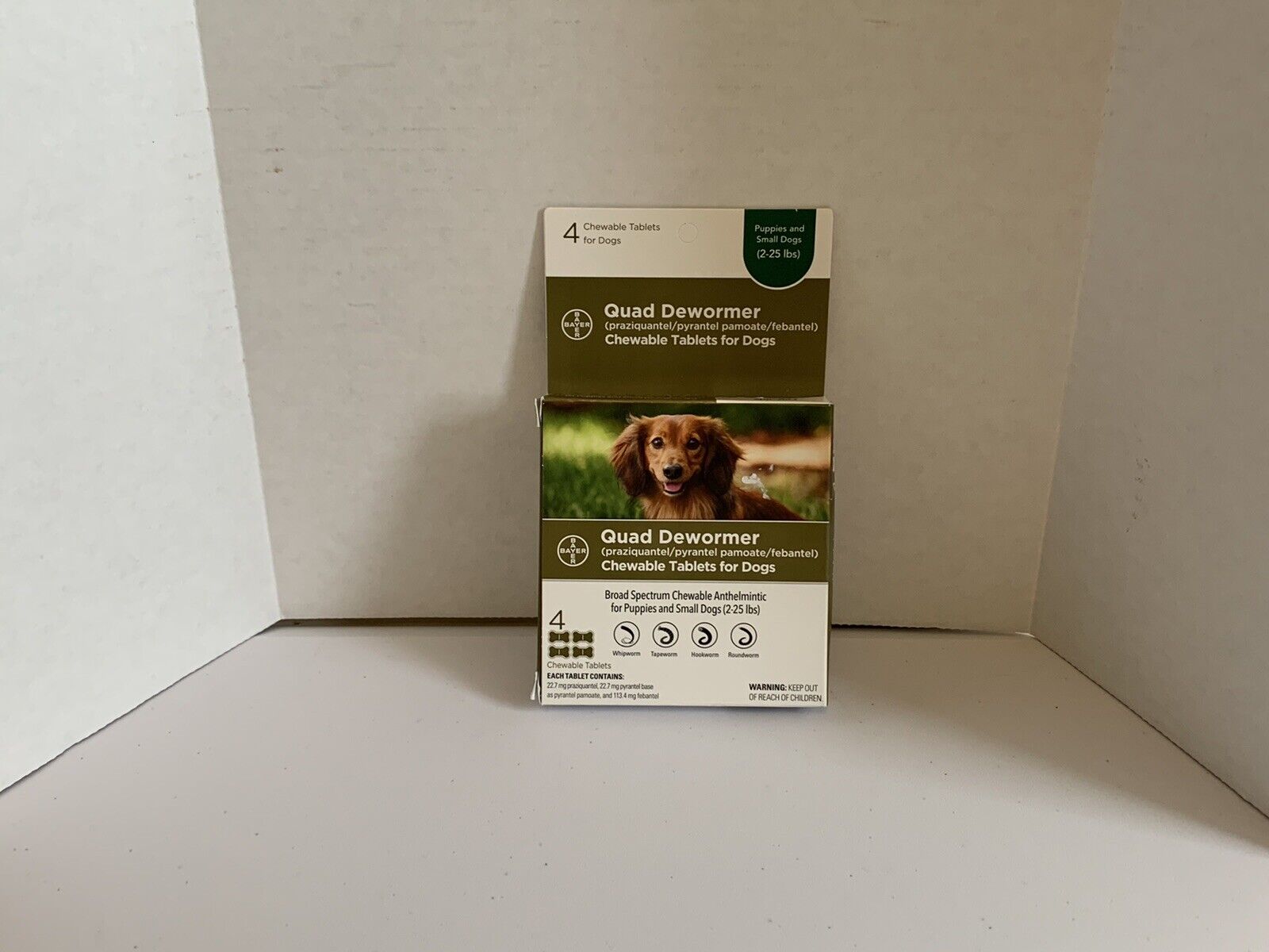 Brand New Bayer Chewable Quad Dewormer for Small Dogs 2-25 lbs 4 tablets (04/23)