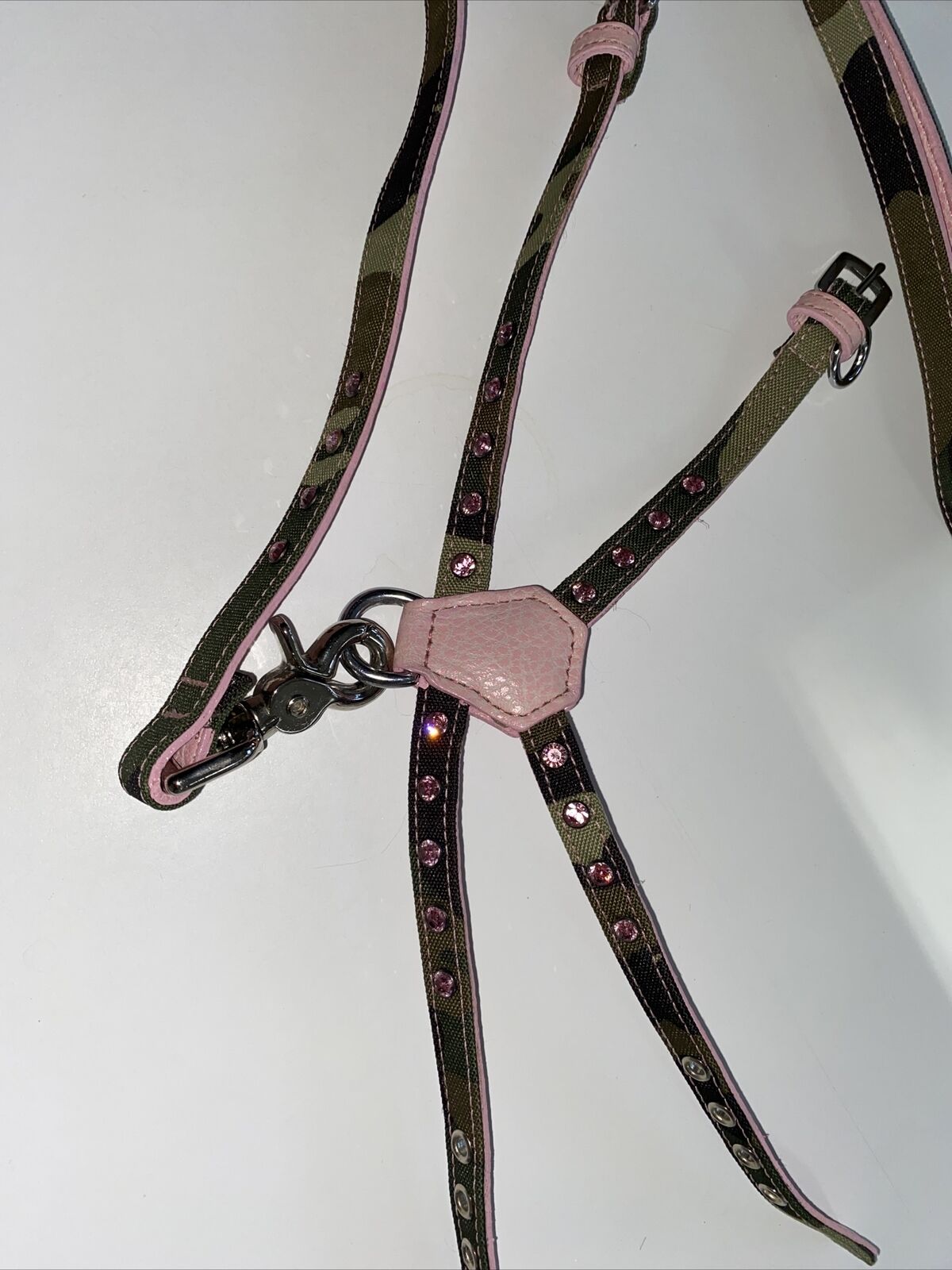 AROUND THE COLLAR Dog Harness Leather PINK CRYSTAL RHINESTONE CAMO XS W LEASH
