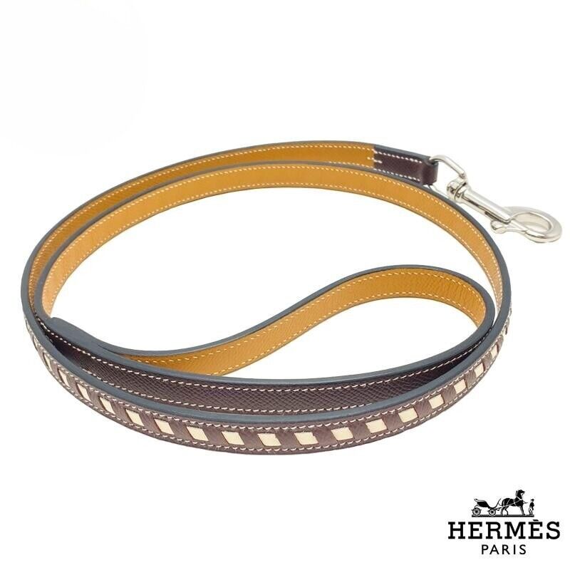 Hermes Tres Slim Dog Leash Brown Epson Length 47.24in Authentic With Brand Box