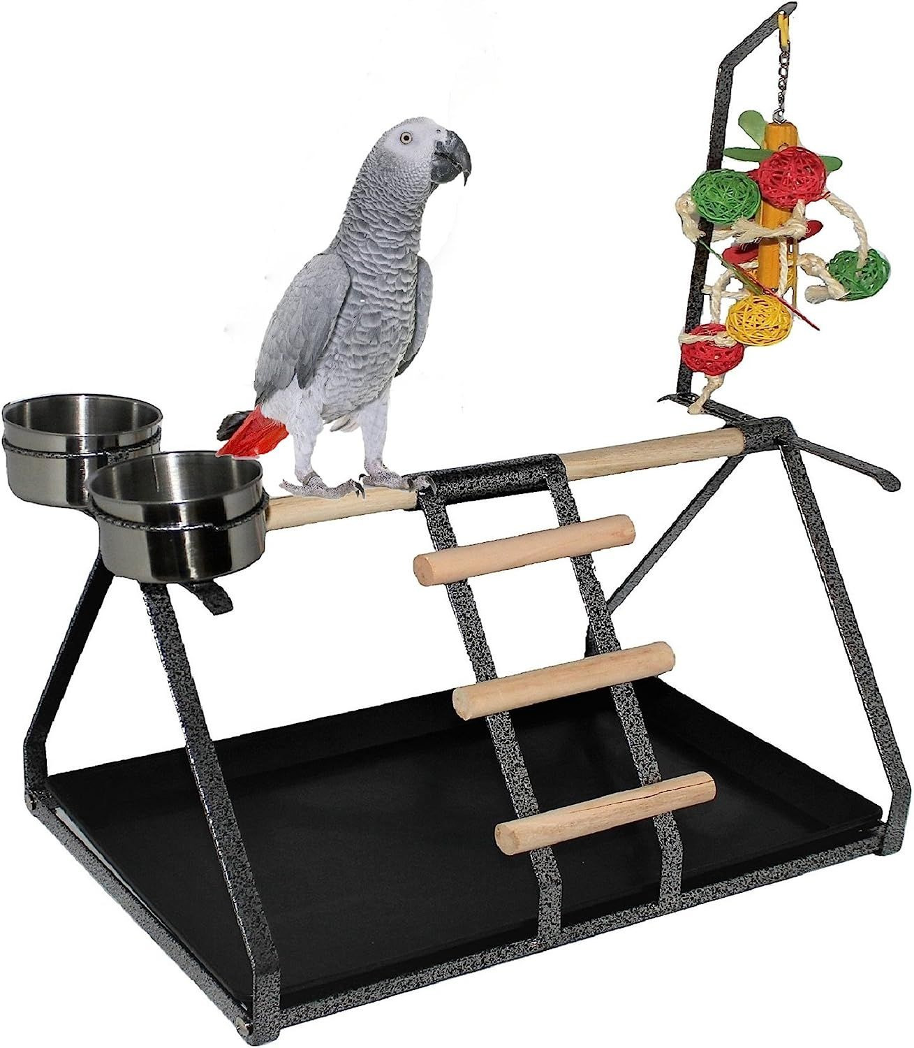 Parrot Bird Perch Table Top Stand Metal Wood 2 Steel Cups Play for Medium... 