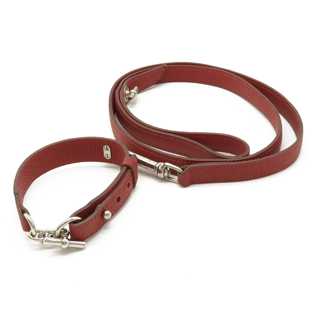 HERMES Togo Dog Collar & Leash Set Red Small dog  W/Box O stamp Used