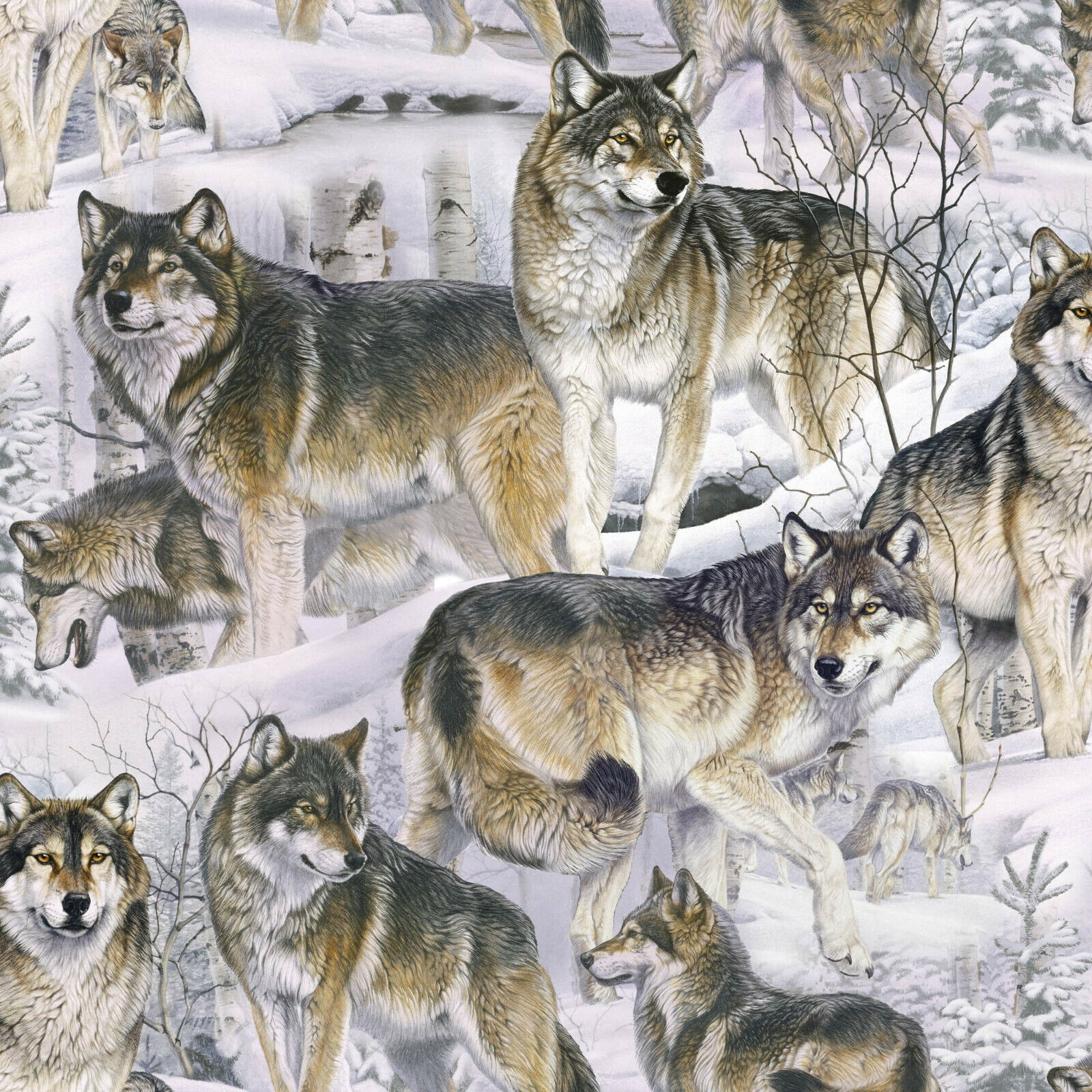 WILD WOLVES IN WINTER FOREST PRINT COTTON FABRIC 44\