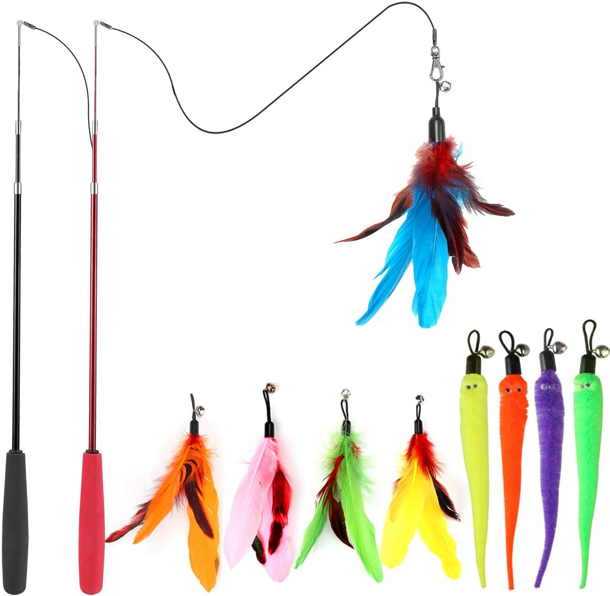 Cat Feather Toy, Retractable Cat Toys Wand 2 Wands & 9 Assorted Teaser Refills, 