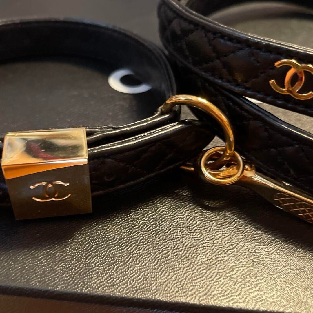 Chanel Matelasse Black Leather Dog Collar 23-29.5cm & Leash 107cm Set K6