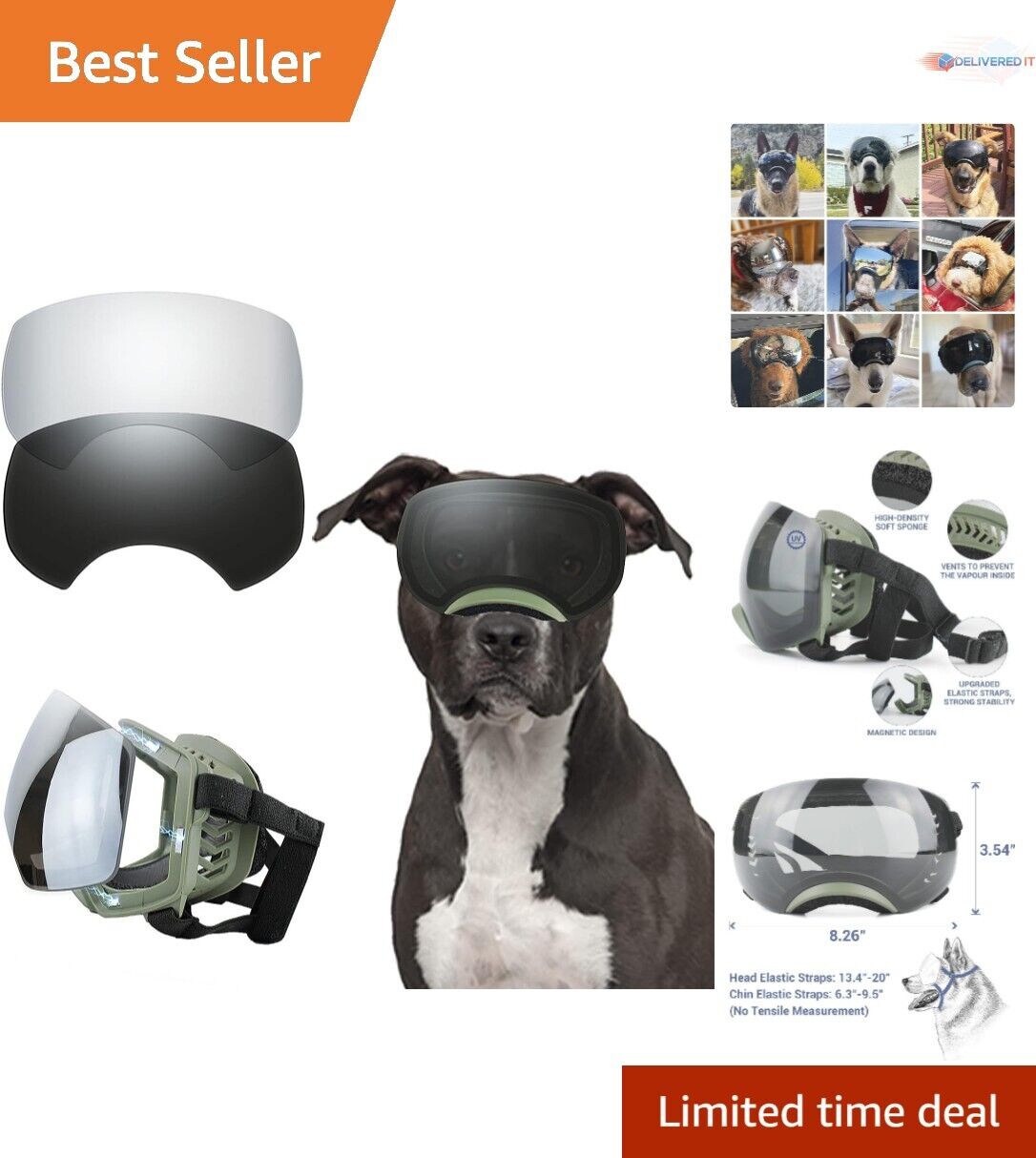 Dog Large Breed Anti-UV Sunglasses - Windproof Snowproof - Magnetic Lens - Green