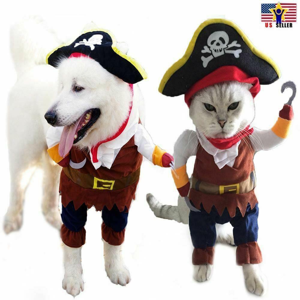 Funny Pet Cosplay Clothes Pirate Costume Dog Puppy Cat Suit w/ Hook Size- Large