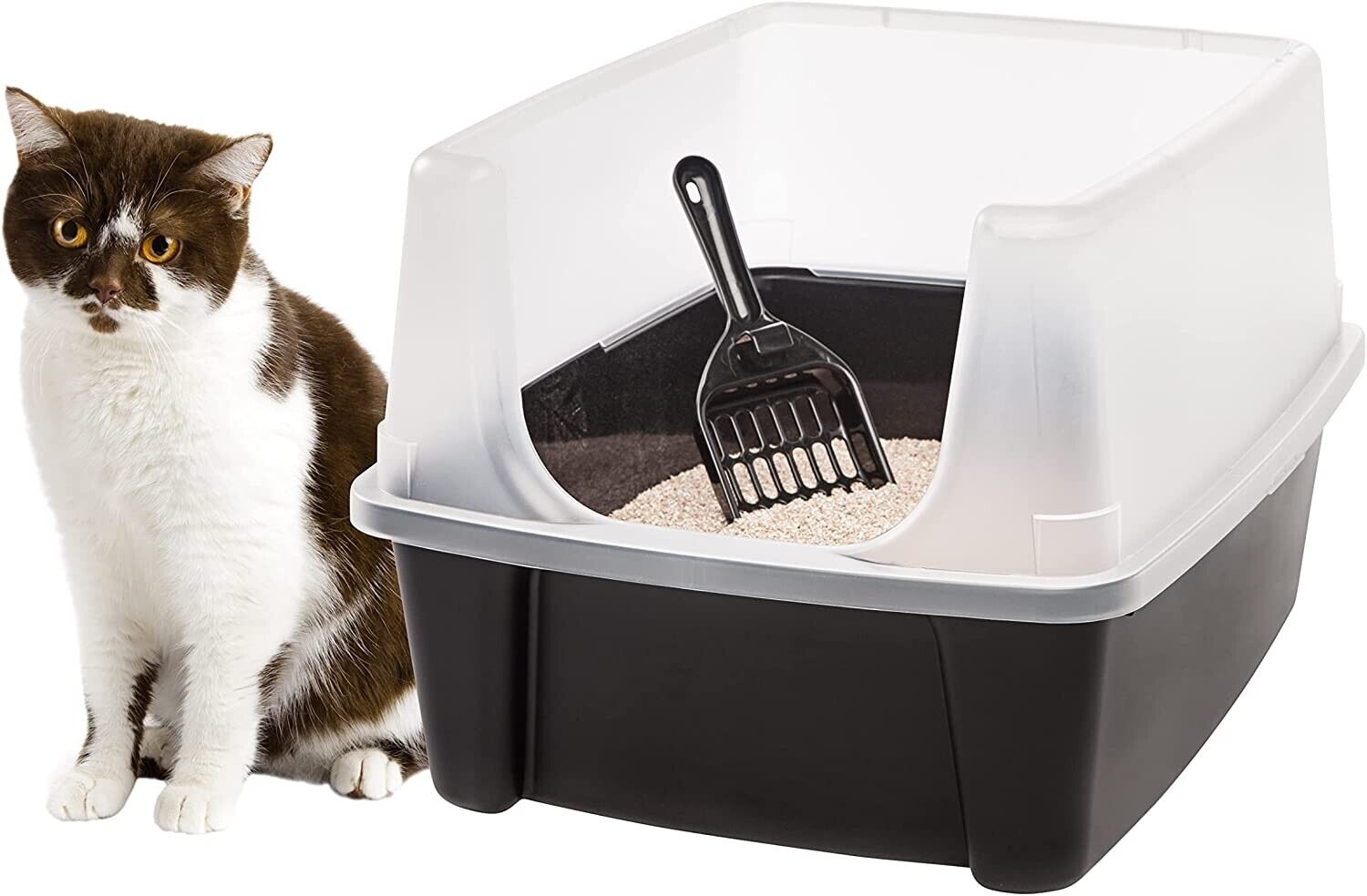 Open-Top IRIS USA Cat Litter Box with Shield and Scoop Enclosed Kitty Pan, Black