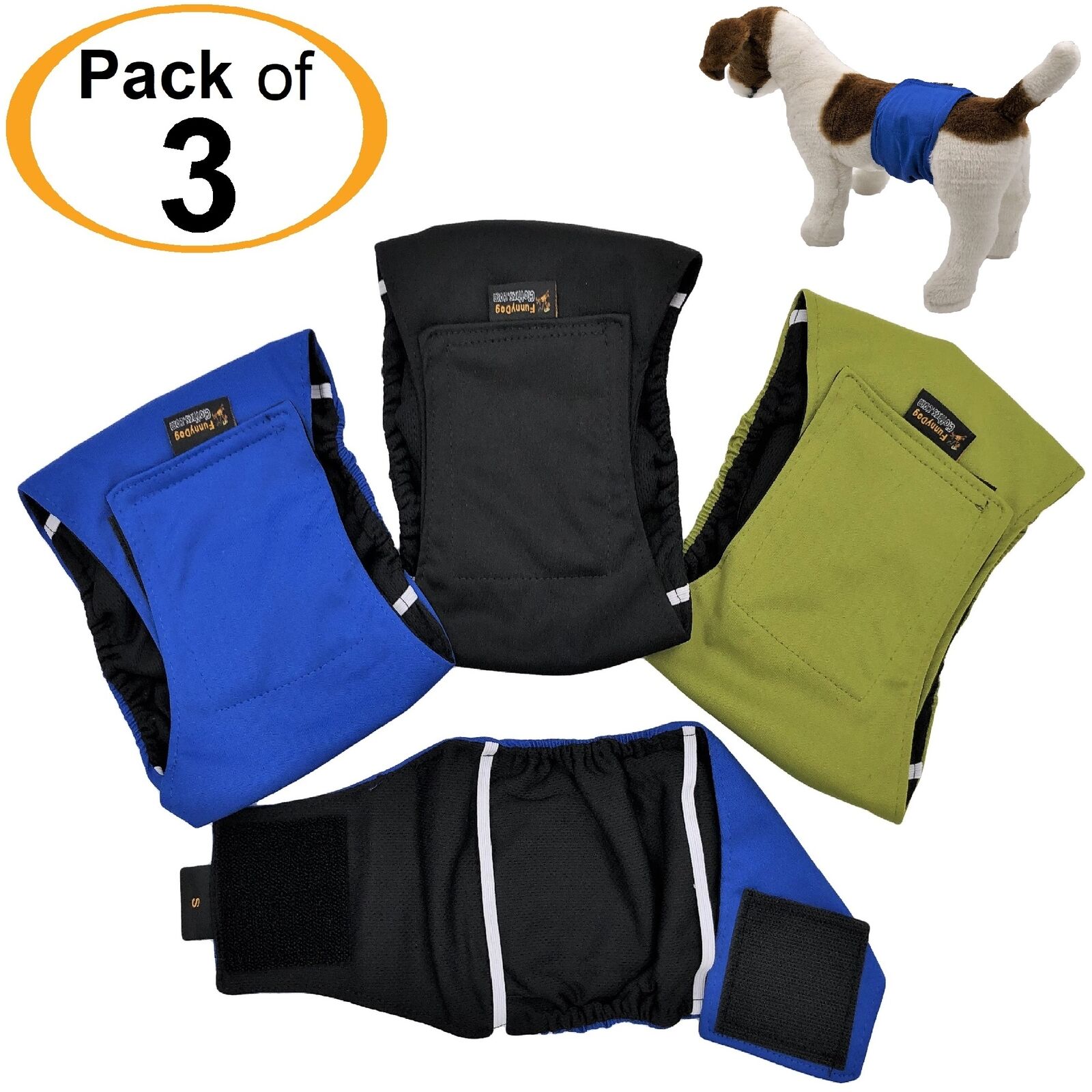 PACK of 3 LEAK PROOF Male Dog Diapers Belly Band Wrap Washable XS, S, M, L, XL