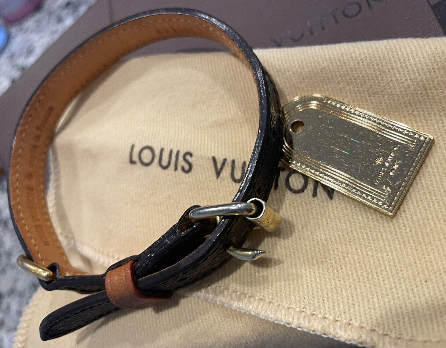 Louis Vuitton Baxter XS monogram leather pet collar w/engravable gold tag M58073
