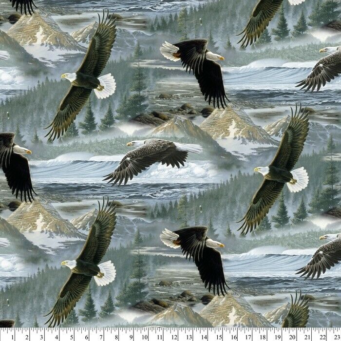 AMERICAN BALD EAGLE IN FLIGHT NATURE PRINT COTTON FABRIC 44\'W BTY NATIVE BIRDS
