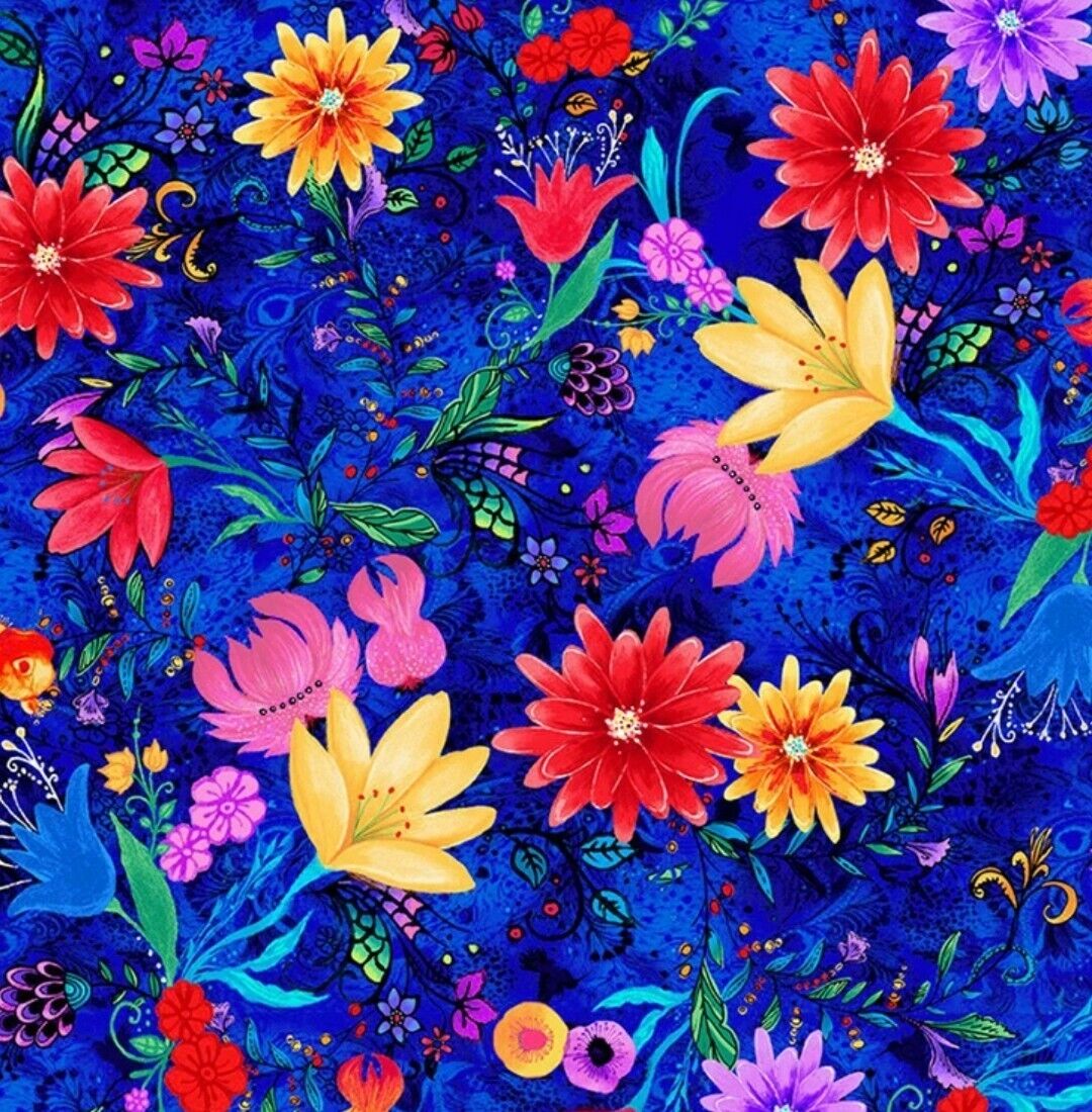Timeless Treasures Whirlwind Royal Blue Flowers Quilt Fabric by the Yard