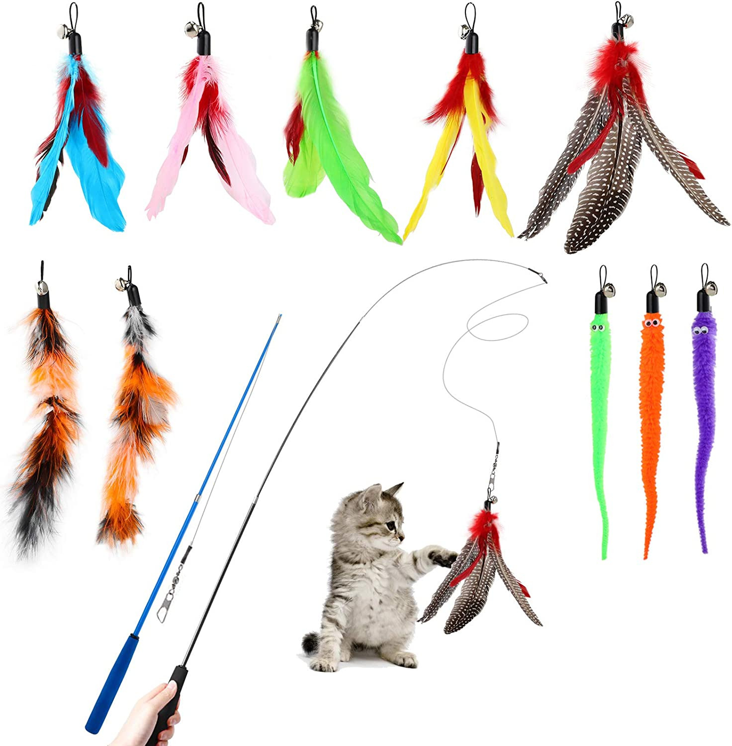 Feather Teaser Cat Toy Set 12 Pcs, Interactive Toys for Cats 2 Retractable Cat W