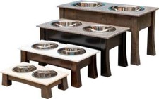 DOUBLE Dish MODERN ELEVATED DOG FEEDER - Brown MAPLE Wood CORIAN Top and Bowls picture