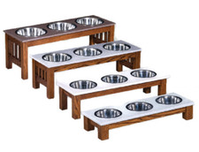 TRIPLE DISH CRAFTSMAN DOG FEEDER - LUXURY WOOD CORIAN TOP - Oak Pet Stand Bowls picture