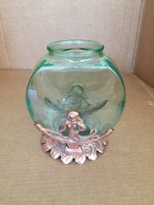ANTIQUE FISH BOWL & HOLDER ART DECO URANIUM GREEN GLASS MERMAID COPPER HOLDER picture