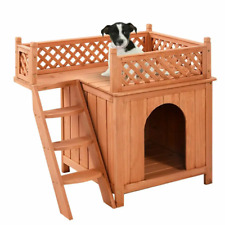 Costway Wooden Puppy Pet Dog House Wood Room In/Outdoor Raised Roof Balcony Bed  picture