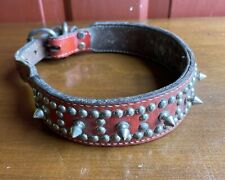 Large Vintage Red Leather Spiked Studded Adjustable Dog Collar  picture