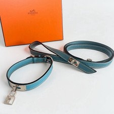 HERMES Kelly Blue Jean Silver Dog Collar & Leash Lead Leather Excellent K I E4 picture