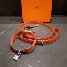 Hermes Kelly Dog Collar W/Padlock  & Leash Set W/Box Orange Silver picture